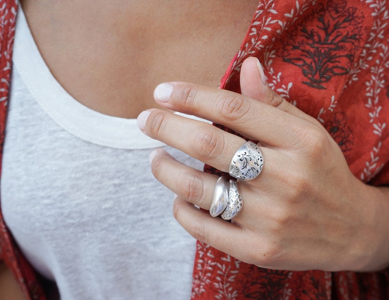 Bohemian Antique Silver FLORAL DOME ring, Sade Bold Organic Shape adjustable ring, Dainty Big Stacking Minimal Layered silver plated ring image 5