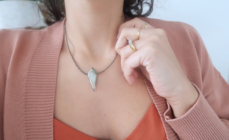 PYRITE Beaded Gemstone Necklace with Arrowhead Pendant, Bohemian Modern Delicate Punk Rock Style Semi-Precious Beads Jewellery, Gift for her image 3
