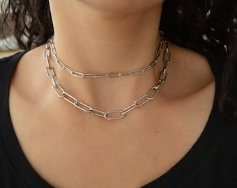 Antique Silver Thick Oval Chunky chain choker, Thick Chain Necklace, Punk Rock BikerStyle jewelry, Trace chain necklace, Cool gift for her