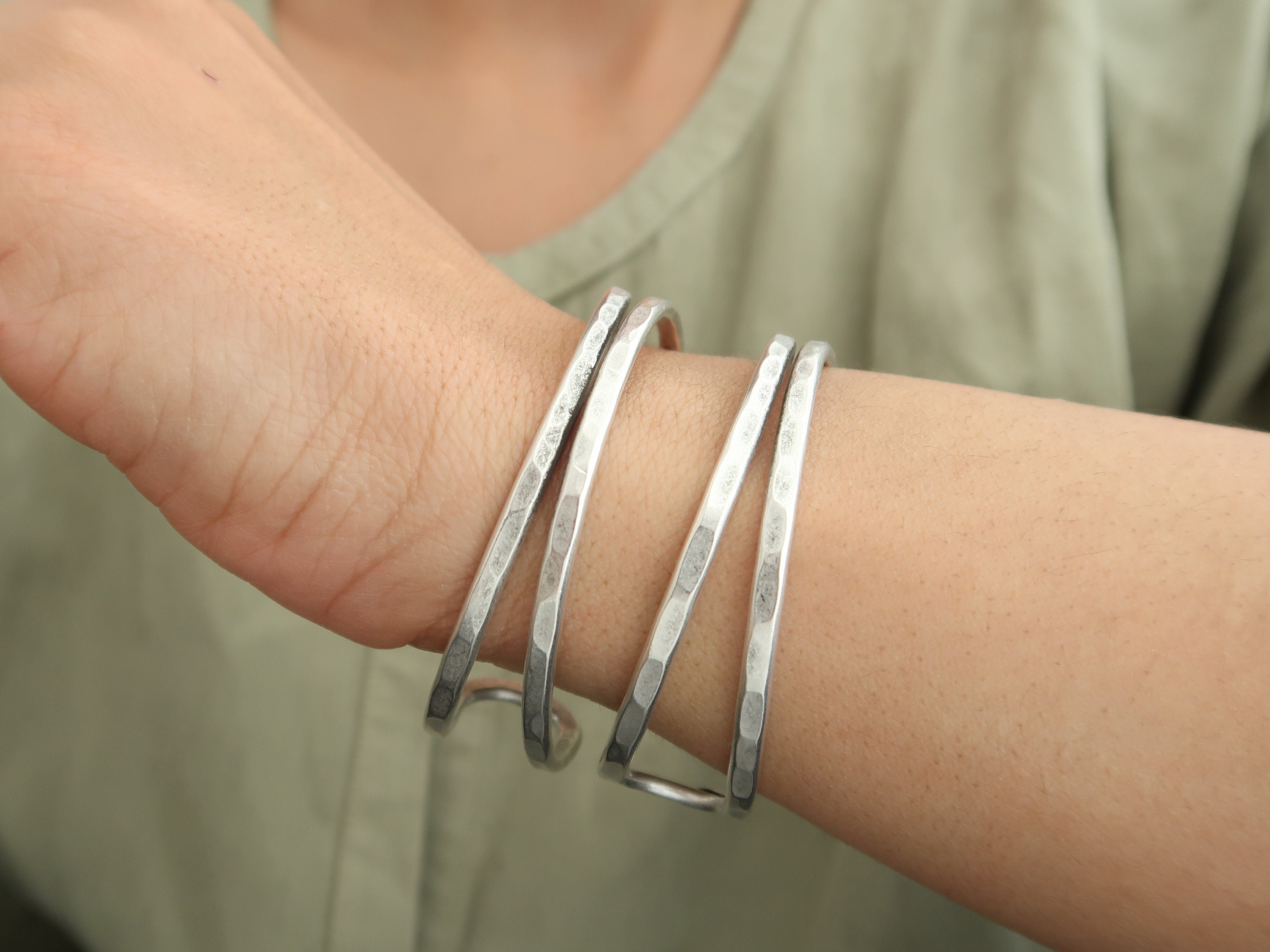 Antique Silver Hammered Two INTERSECTING CURVED LINES Cuff