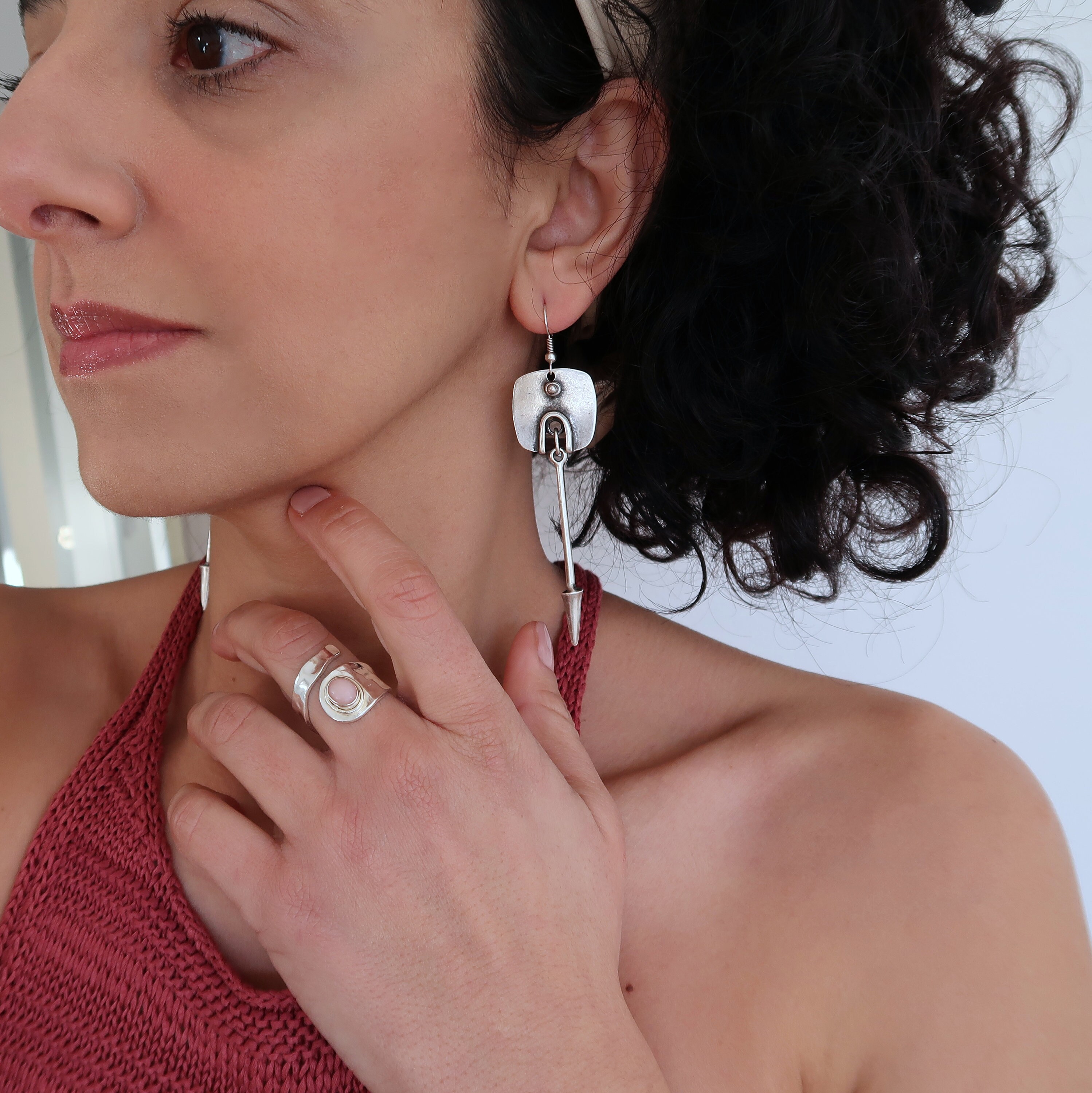Antique Silver Long Bar Earrings, Geometric Abstract Square