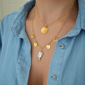SET of TWO gold Shell - Mother of Pearl Summer necklace, geometric coin necklaces, layered stacking bohemian hippie jewelry, gift for her