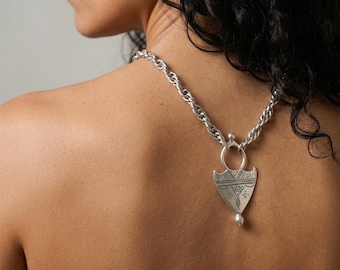 African Tuareg Inspired Shield Silver Pendant Necklace: Ethnic Tribal Amulet, Bold Boho Festival Handmade Chunky Jewelry Unique Gift for her