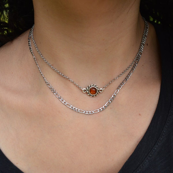 Amber gemstone choker & stainless steel figaro chain, sun charm coin necklace, layered stacking bohemian dainty hippie jewelry, gift for her