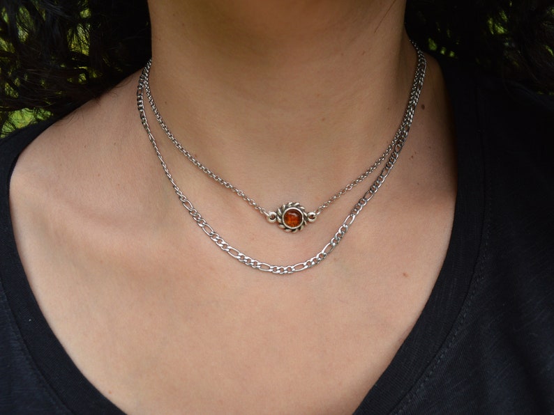 Amber gemstone choker & stainless steel figaro chain, sun charm coin necklace, layered stacking bohemian dainty hippie jewelry, gift for her 3. SET of TWO