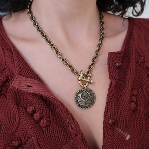 Chunky Brass Chain Choker Necklace: Celestial Coin Pendant, Toggle Clasp, Modern Statement Jewelry, Festval Vibes, Free People inspired
