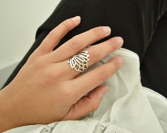 Bohemian Silver Tribal Leaf LOTUS Ring, Boho Wrap Midi Long Large Filigree Stackable Adjustable Ring, Dainty Jewelry, US size 6.5-7.5 inch