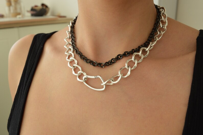 Thick Chain Necklace Punk Rock BikerStyle jewelry Black Gunmetal Thick Twine Chunky chain choker Cool gift for her Trace chain necklace