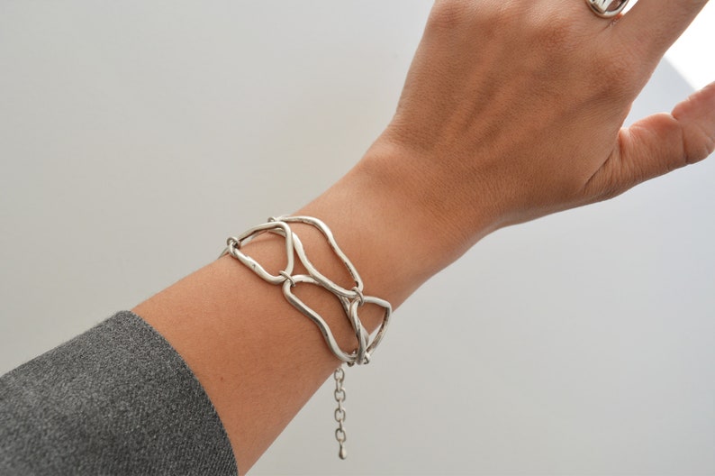 Matte Silver Free Form Circle Charm Double Bracelet, Geometric Chain Link bracelet, Bohemian Boho Ethnic Tribal Turkish Jewellery,6.5-8 inch image 3