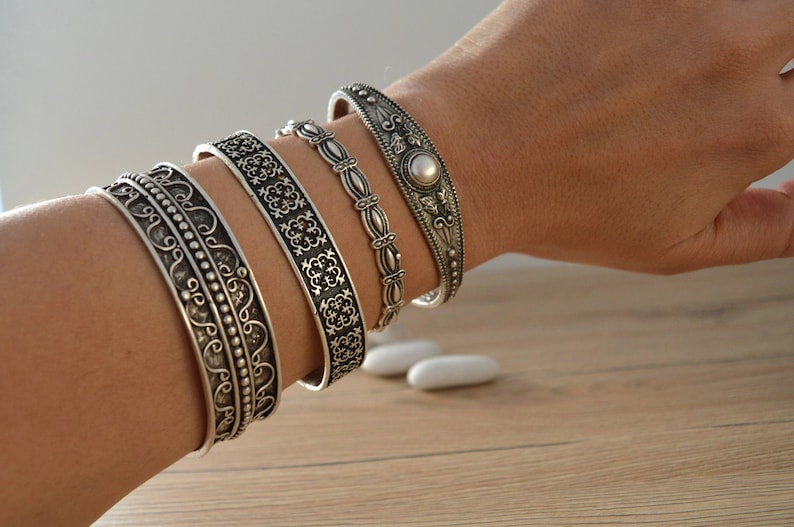 Bohemian Antique Silver PEARL Bangle Cuff Stacking Bracelet Etsy UK