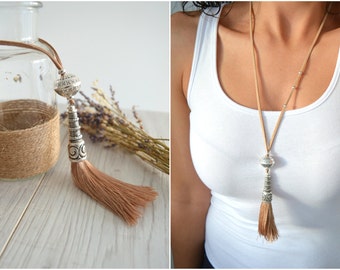 Long Beige Suede Leather Necklace, Tassel Necklace, Antique Silver Greek Spiral Necklace, Boho Chic Ethnic Necklace, Free People Jewelry