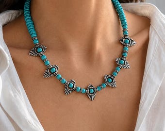 Turquoise Howlite Tribal Statement Necklace: Silver Tribal Necklace, Boho Beaded Choker, Southwestern Necklace, Ethnic Statement Jewelry