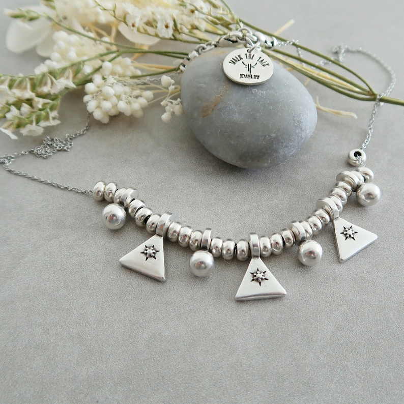 Antique Silver Teardrop Charms Necklace, statement chunky necklace, silver geometric layered stacking necklace boho hippie short layering image 7