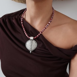 Peruvian Cord Statement Necklace: Silver Shield Pendant, Boho Tribal Bib