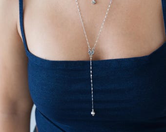 Delicate Silver Y Lariat Necklace with Spiral Drop: Minimalist Y Shape Chain Elegant Delicate Handmade Necklace Dainty Everyday Jewelry Gift