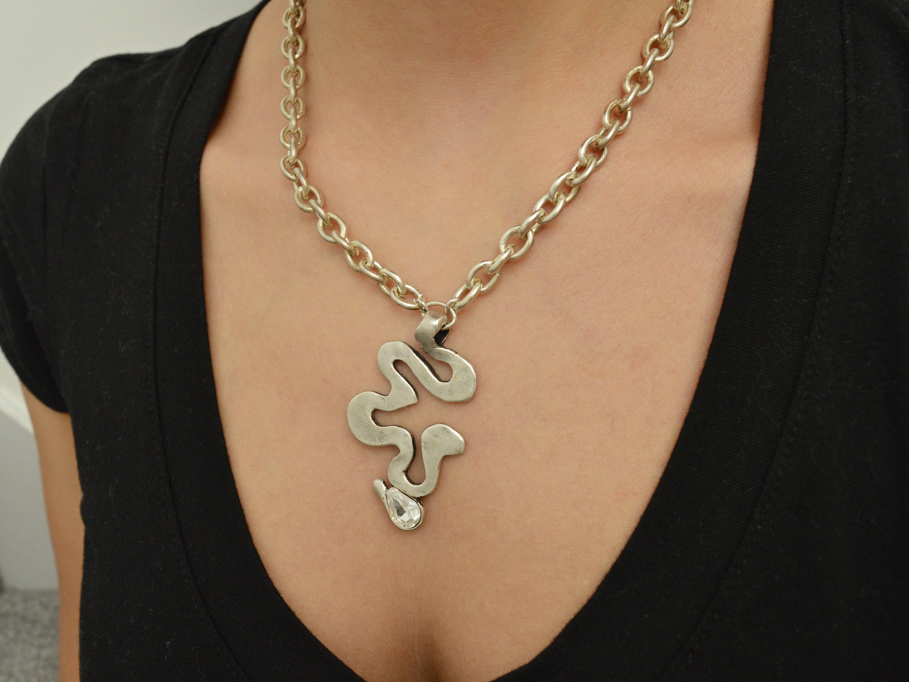 Silver Clear Swarovski SNAKE Pendant Necklace, Swarovski Crystal