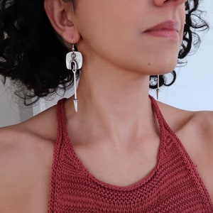 Antique silver long bar earrings, Geometric Abstract Square Arrow Drop Earrings, Bohemian Boho Dainty Hippie Free People style jewellery image 1