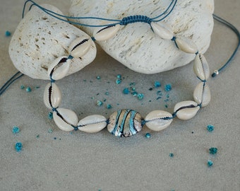 Cowrie Shell Choker Necklace with Turquoise Murano glass bead, Beach Tropical Summer Natural Shell beaded Necklace, Bohemian Silver Jewelry