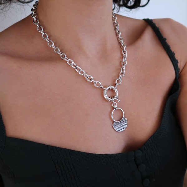 Silver Chunky Round Clasp necklace with a Tuareg pendant, Steel Punk Rock Biker unique jewelry, Trace chain necklace, silver Tuareg jewelry