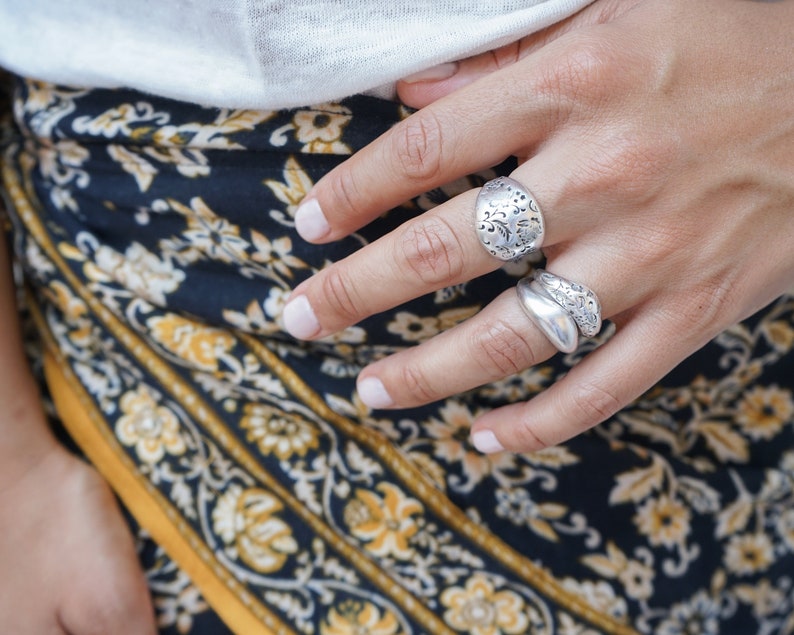 Bohemian Antique Silver FLORAL DOME ring, Sade Bold Organic Shape adjustable ring, Dainty Big Stacking Minimal Layered silver plated ring image 1