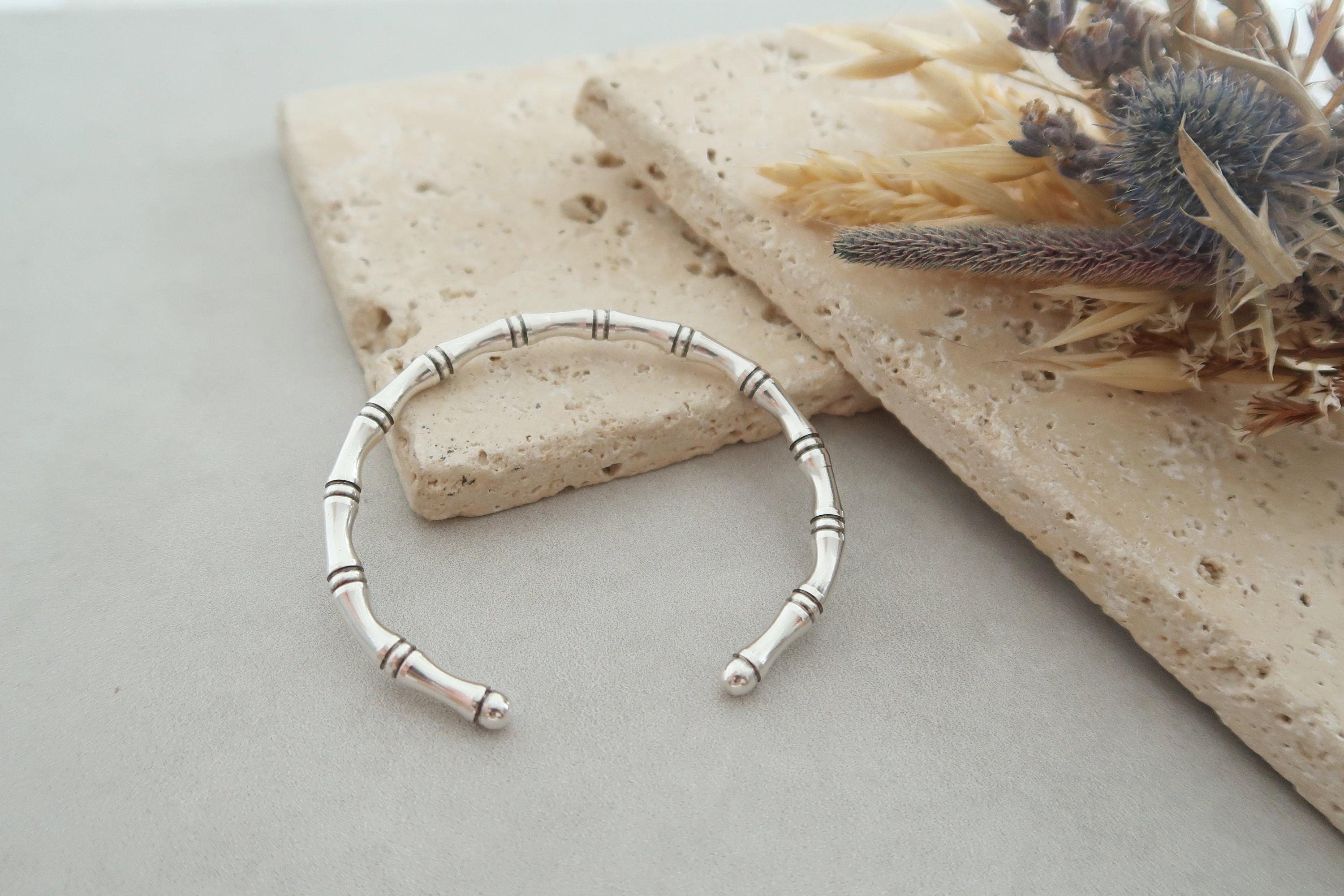 NEW Antique Silver Bamboo Cuff Bracelet, Dainty Delicate