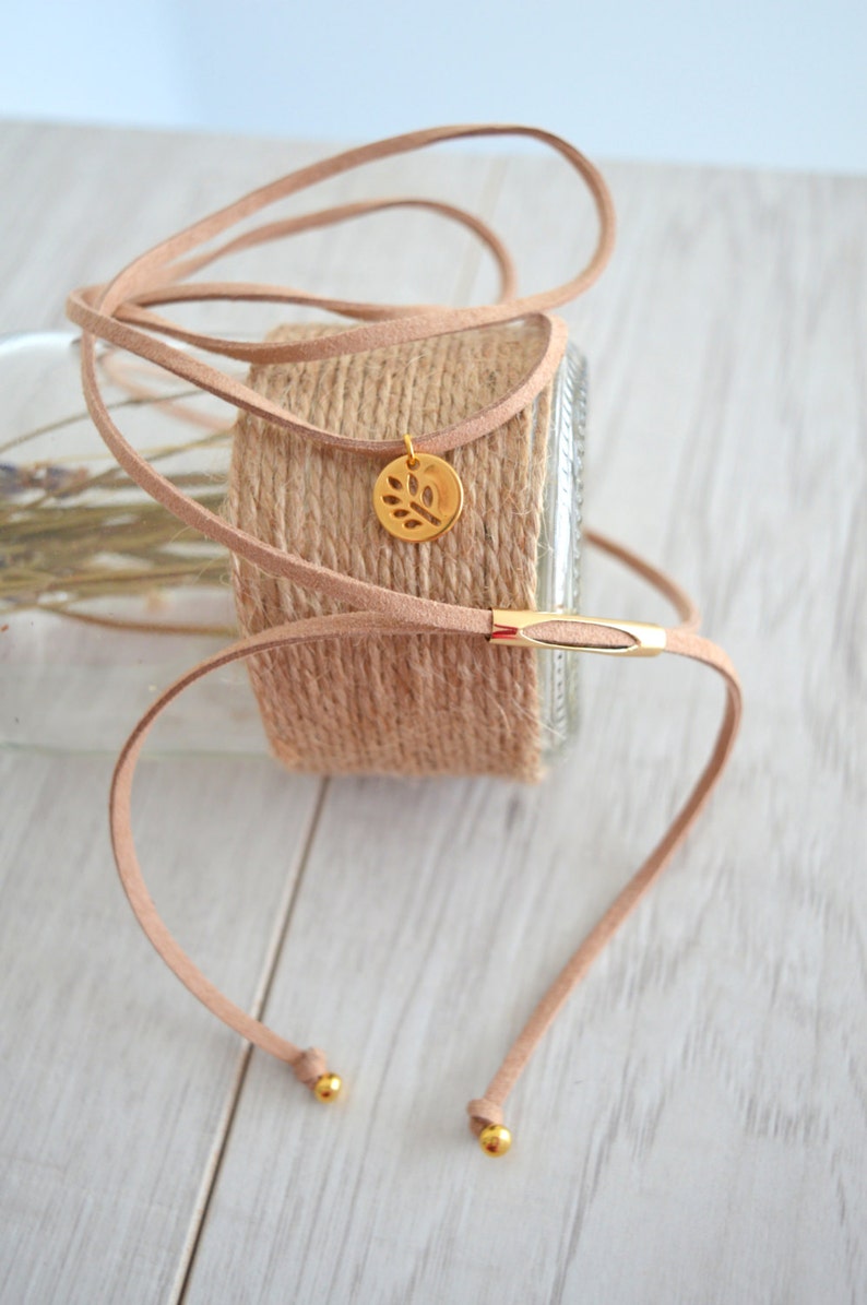 Wrap Suede Choker Tie Up Bolo Necklace Beige suede choker with gold coin leaf charm Bohemian Summer Ibiza Necklace Jewelry