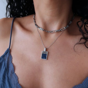 Set of two stainless steel SQUARE chain & silver meander pendant necklace, layered stacking bohemian dainty minimal jewellery, gift for her image 2