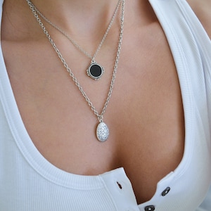 SET of TWO silver Black enamel geometric coin necklaces, layered stacking round charms boho bohemian dainty hippie jewelry, gift for her image 4