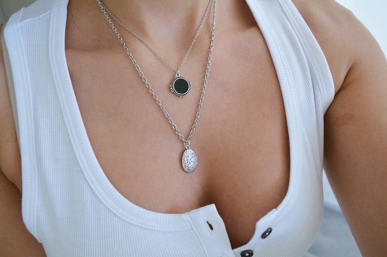 SET of TWO silver Black enamel geometric coin necklaces, layered stacking round charms boho bohemian dainty hippie jewelry, gift for her image 4