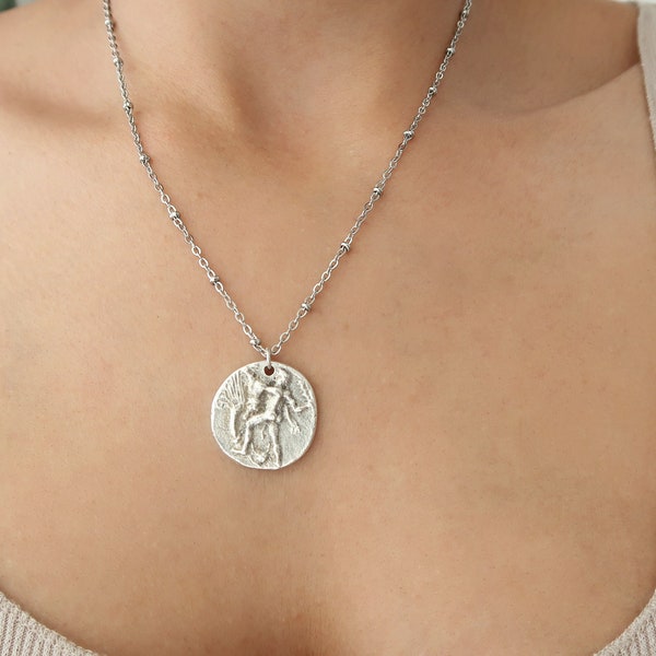 Ancient Greek Crete Coin HERCULES AND BULL Charm Necklace, Replique Coin Medallion, Tribal Ethnic Mythology Jewelry, Layered Coin Necklace