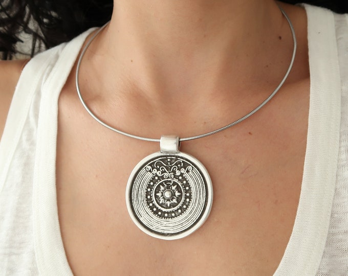 Antique Silver Large Coin Shield Pendant Berber Statement Collar Torque Necklace, African Ethnic Tribal Moroccan Jewelry, Mother's Day gift