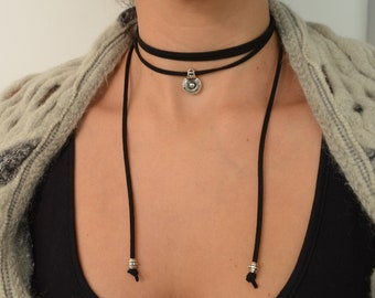 Black/Brown/Beige/Green/Blue suede choker necklace with Greek Coin Charm, Suede Choker, Wrap Necklace, Tie Up Bolo Necklace, Bohemian