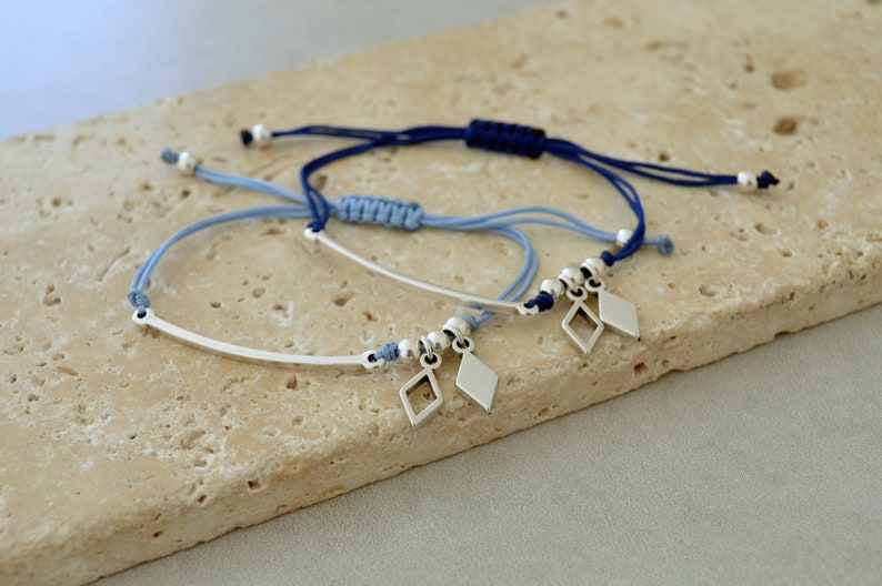 geometric minimalistic bracelet minimal jewelry affordable gift for her Thin Silver hammered bar connector macrame adjustable bracelet