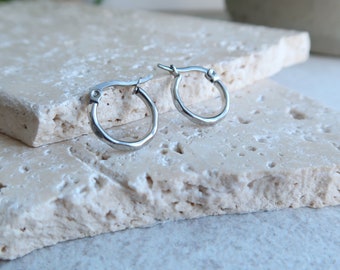 Silver Stainless Steel Thick HAMMERED Hoop Earrings, Lightweight Dainty Geometric Trendy Fashionable Minimal Bohemian Modern Jewelry Gift