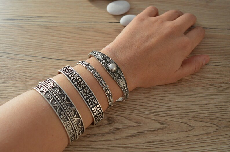 Bohemian Antique Silver PEARL Bangle Cuff Stacking Bracelet Etsy UK