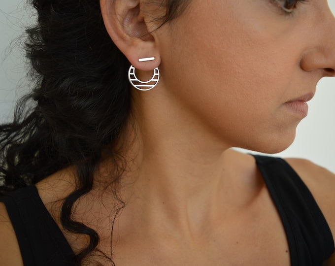 Silver Hollow Circle Ear Jackets earrings, Geometrical Tiny Bar Pins pushback, Rock dainty Bohemian Boho studs earrings, Girlfriend's gift
