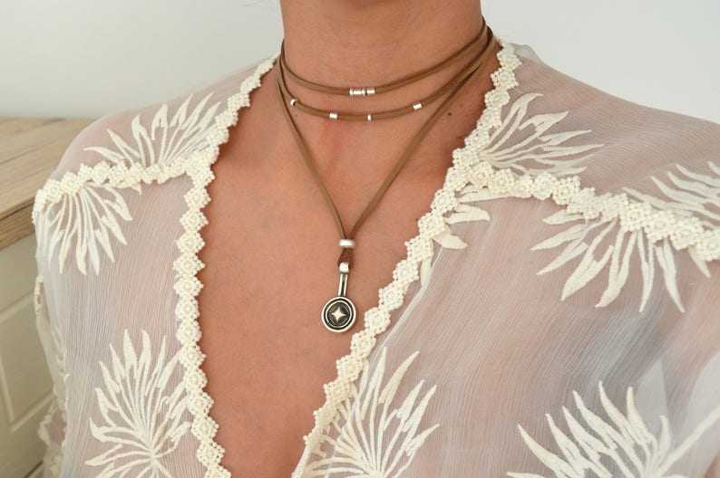 Black/Brown Leather Suede Wrap Choker Necklace, Leather Coin Pendant Necklace, Leather Wrap Choker, Wrap Necklace, Bohemian Silver Jewelry image 2