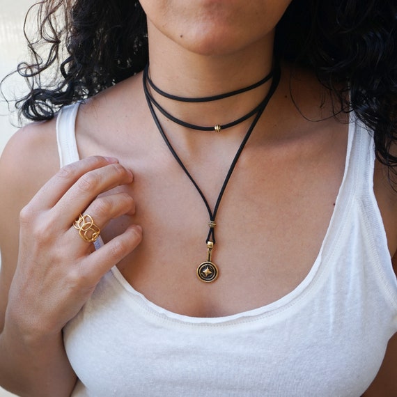 Black Leather Suede Wrap Choker Necklace, Leather Gold Coin Pendant Necklace,  Leather Wrap Choker, Wrap Necklace, Bohemian Silver Jewelry - Etsy