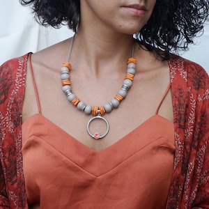 Large Colourful GREY - ORANGE Ceramic Beaded Necklace with Shield Pendant, African Moroccan Earthy style, Ethnic Tribal Statement Jewelry
