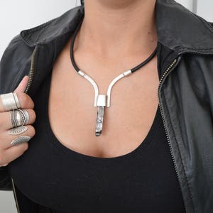 Silver MONOLITH Leather Necklace, Gunmetal hammered Stalagmite Amulet Pendant Statement Necklace, Bohemian Mother's Day gift