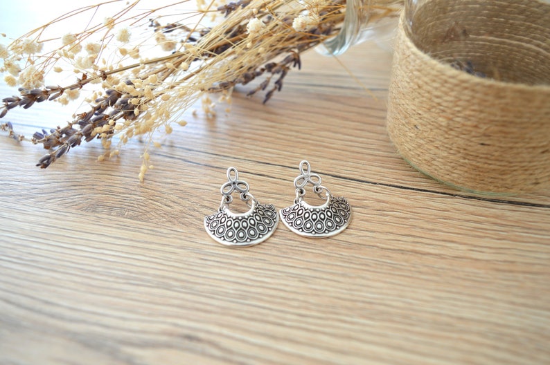 Antique silver dangling Greek Shield earrings, Silver half moon crescent earrings, Silver hemicycle dangle earrings,bohemian ethnic earrings image 9