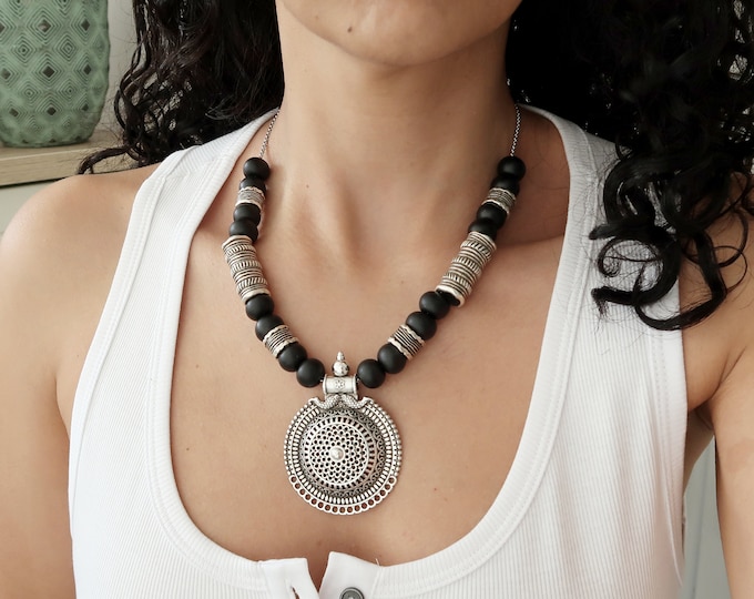 Authentic Greek Matt Black Ceramic Beaded Necklace with engraved tubes & Shield pendant, Bohemian Hippie Chic Gypsy Free People Style, Gift