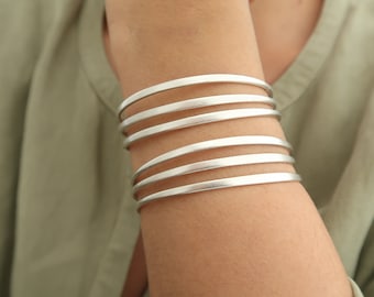 Antique Silver Shiny 3 Flat Lines cuff bracelet, Arm Candy, Bohemian Stacking Layering Modern Minimalist Abstract Bangle Jewellery, Gift