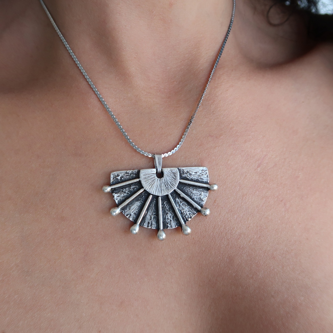 Silver Sun Rays Pendant Necklace: Bohemian Tribal Geometric Statement ...