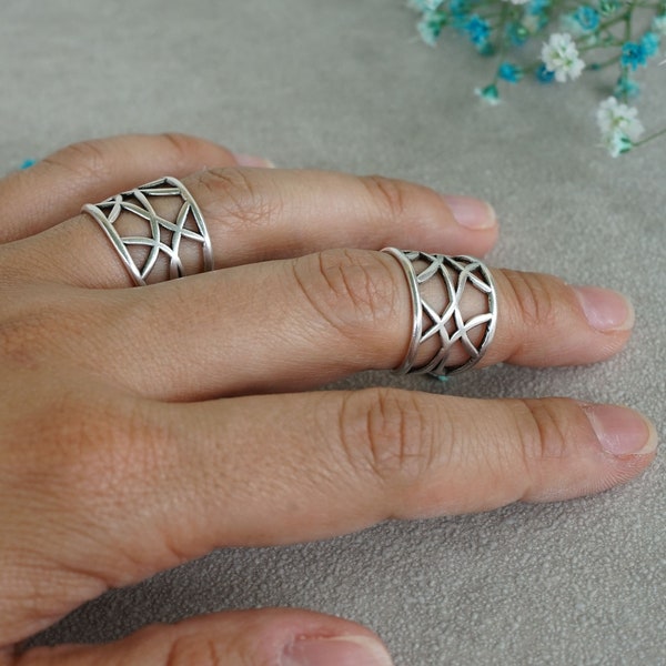 Bohemian Silver Statement Geometric Design Knuckle Ring, Silver Midi Pinky Ring, Silver Stackable Adjustable Ring, Affordable Gift for Her