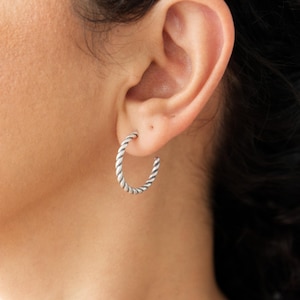 Twisted Silver Hoop Earrings: Minimal Modern Statement Hoops, Staple Piece for Stacking Layering Earrings, Free People Style, Perfect Gift