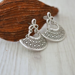 Antique silver dangling Greek Shield earrings, Silver half moon crescent earrings, Silver hemicycle dangle earrings,bohemian ethnic earrings image 3