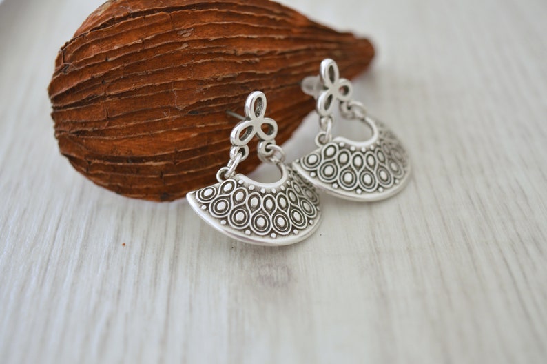 Antique silver dangling Greek Shield earrings, Silver half moon crescent earrings, Silver hemicycle dangle earrings,bohemian ethnic earrings image 3