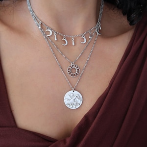 Silver Layered Nature Necklace Set: Sun, Moon, Mountain Charms