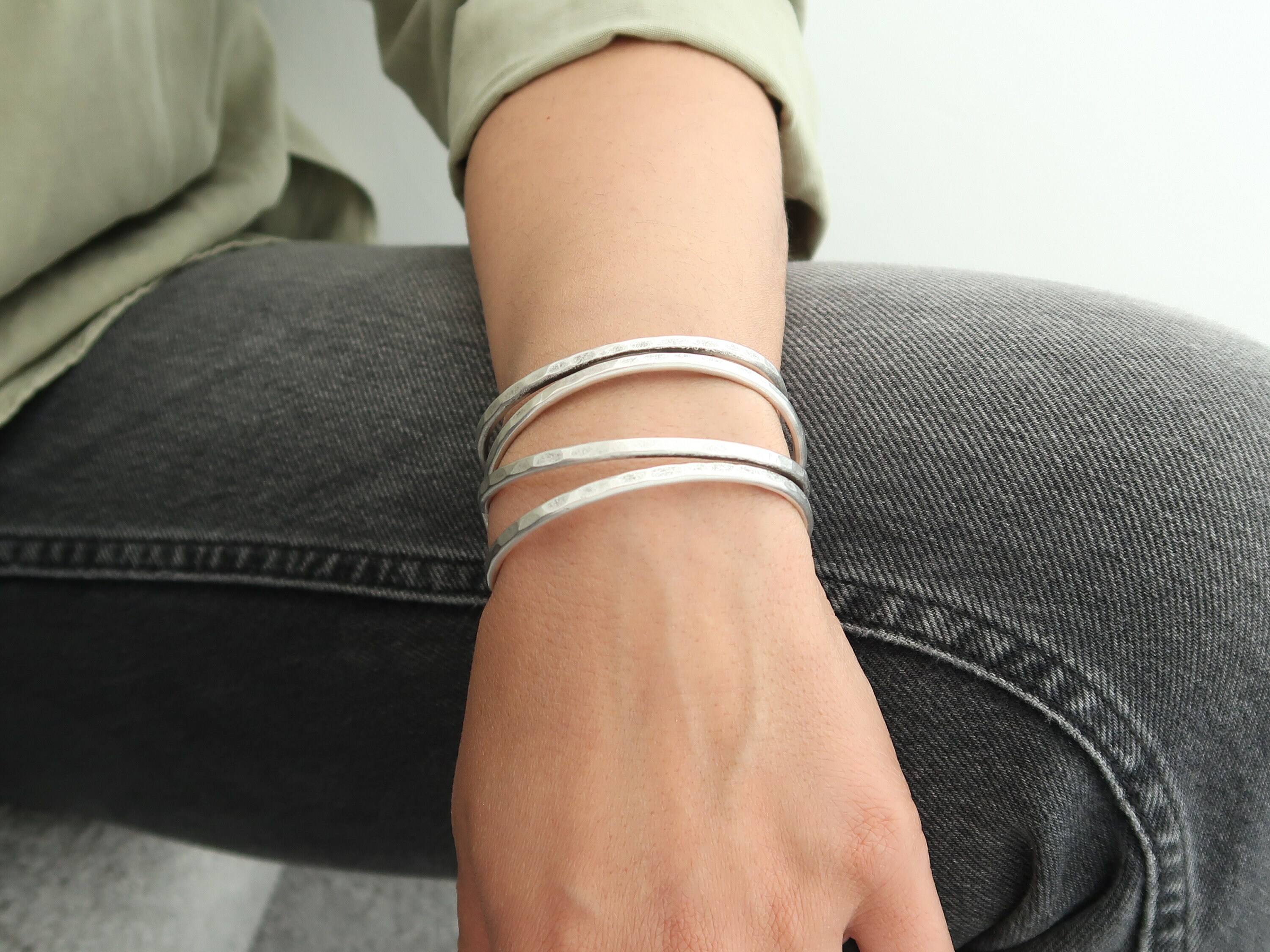 Antique Silver Hammered Two INTERSECTING CURVED LINES Cuff